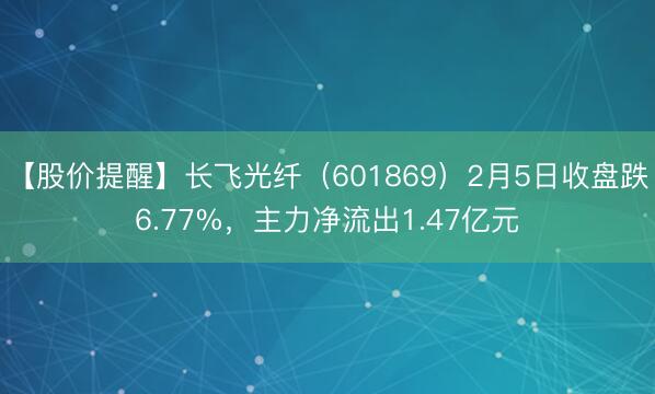 【股价提醒】长飞光纤（601869）2月5日收盘跌6.77%，主力净流出1.47亿元